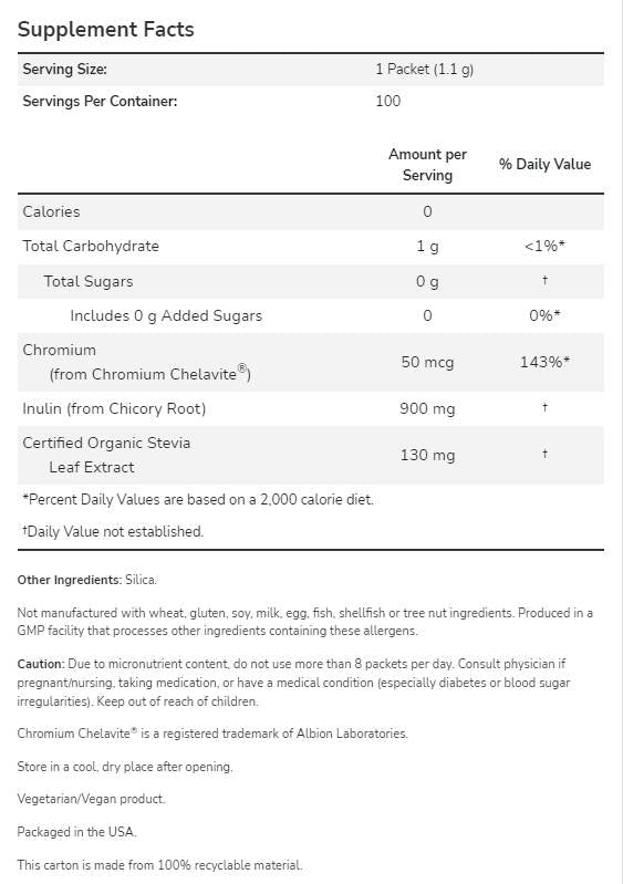 Melhor Stevia® Balance ™ | Com cromo e inulina - 100 pacotes