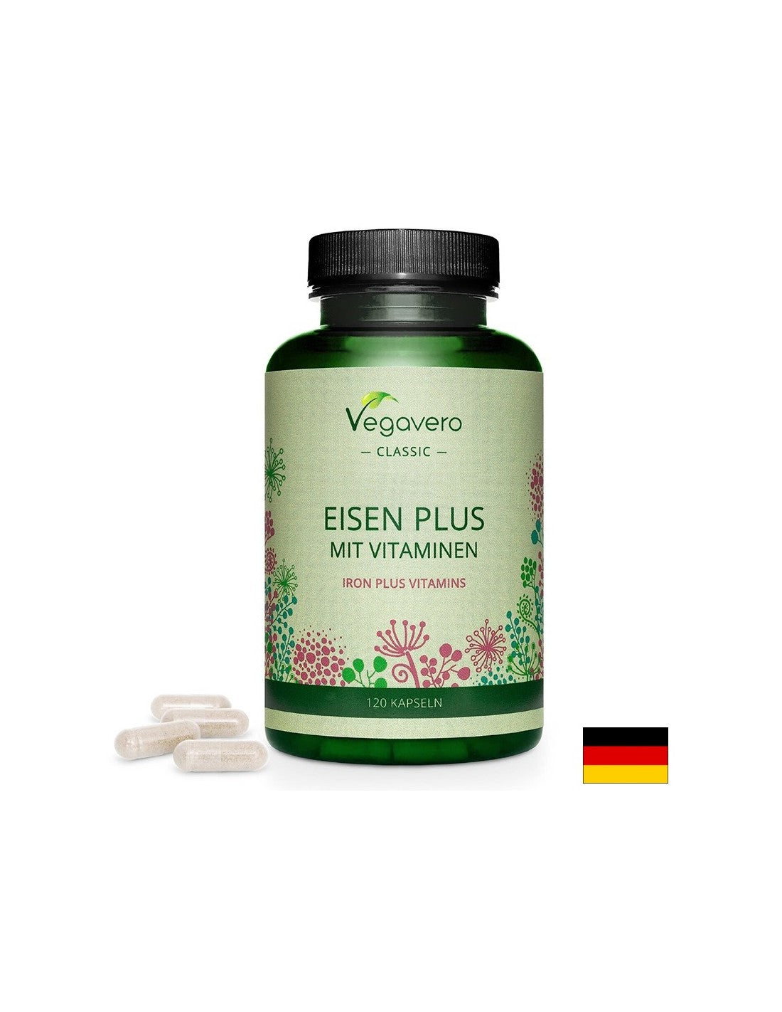 Železo + vitamíny (C, B2, B6, B12 a kyselina listová) - Eisen Plus Mit Vitaminen, 120 kapslí <tc>Vegavero</tc>