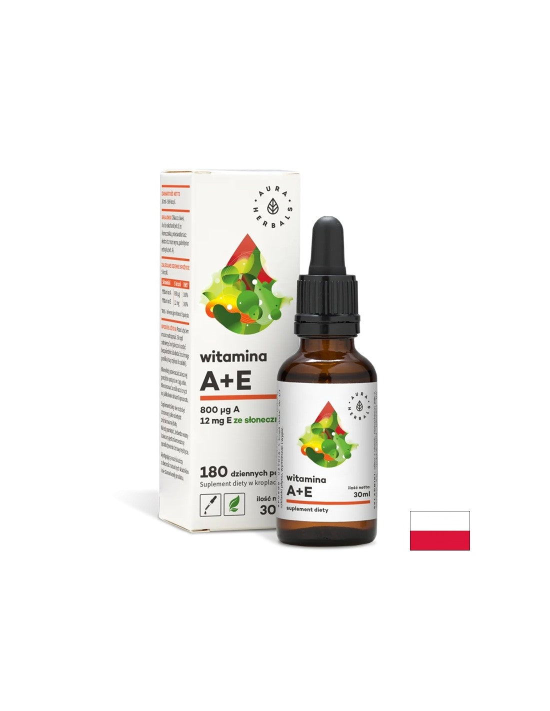 Visioun an Immunitéit - Vitamin A (800 μg) + E (12 mg), 30 ml Aura Herbelen fällt erof